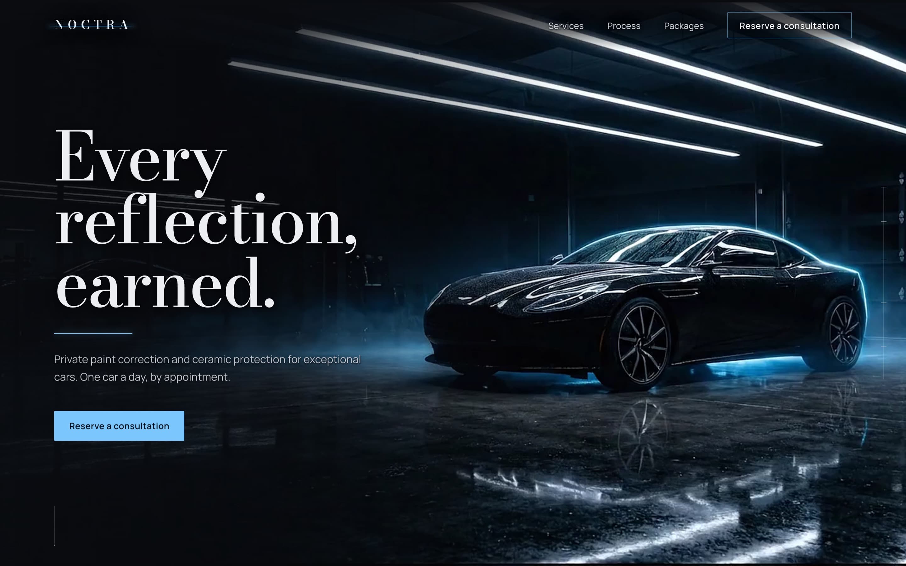 NOCTRA homepage: a black car in a dark studio, with the line Every reflection, earned.